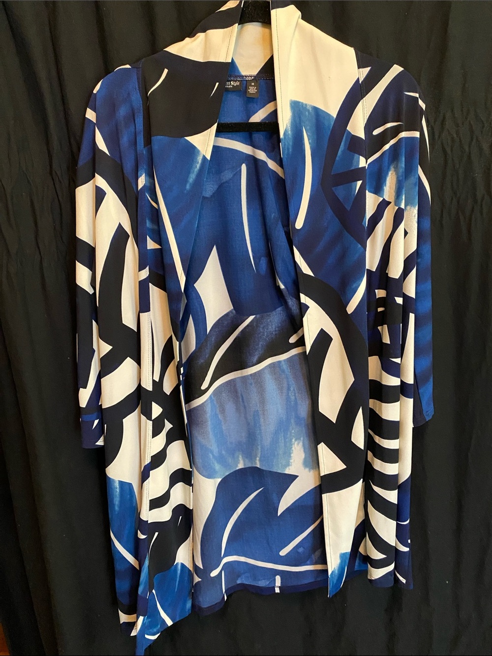 Vintage Blue & White Abstract Open Front Cardigan